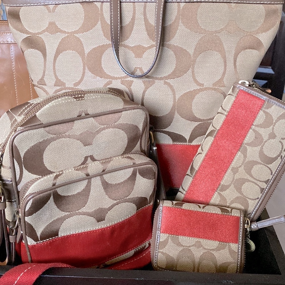 Vintage Coach Signature Canvas Leather Set - 4 pieces (Tote, Crossbody, Wallets)